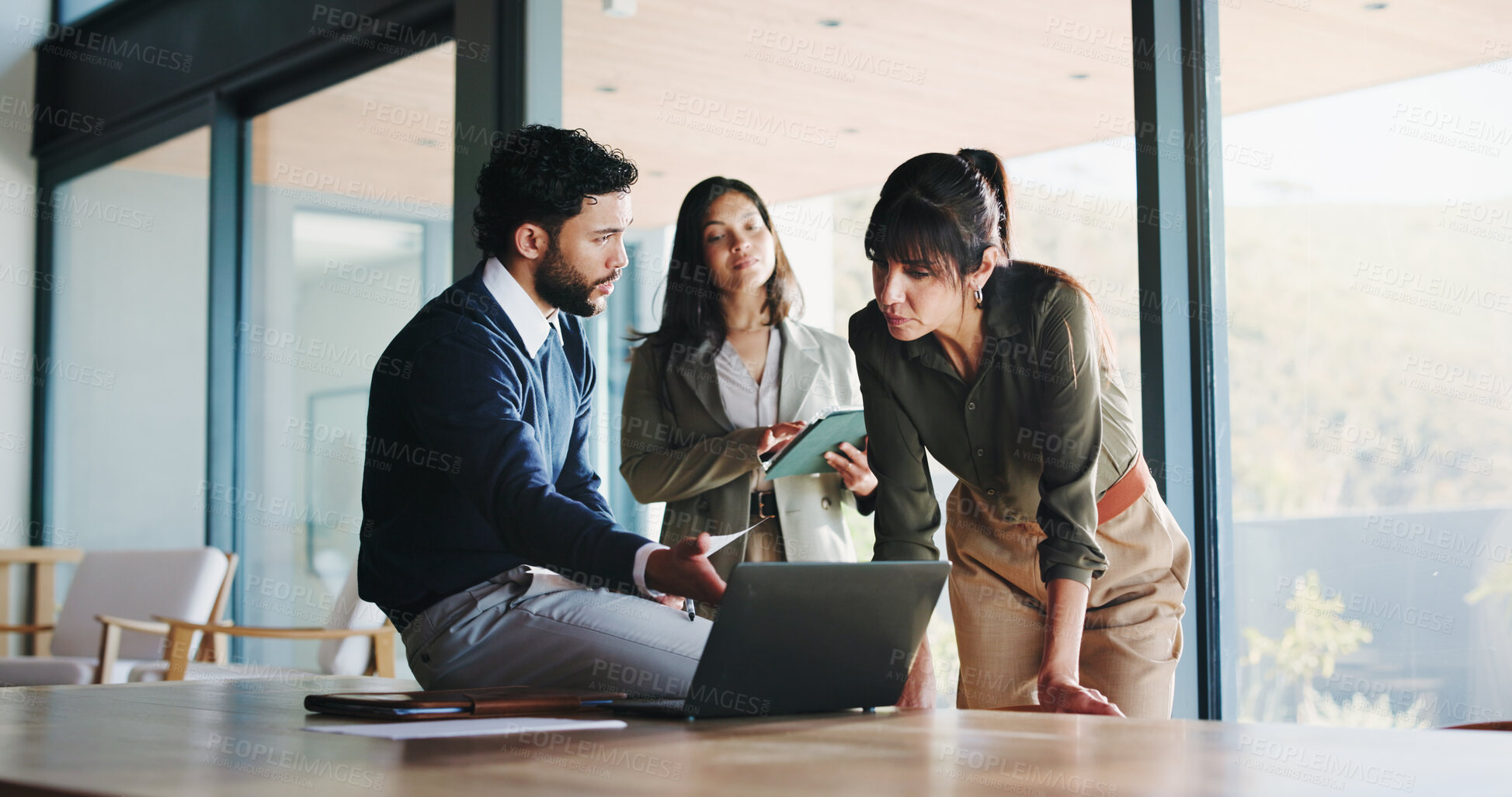 Buy stock photo Laptop, meeting and project management with business people in office for plan development. Collaboration, computer and tablet with corporate employee team in workplace boardroom for discussion