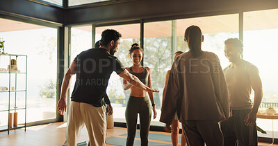 Buy stock photo People, instructor and hand stack in yoga class with support, motivation and fitness success. Smile, men and women huddle for teamwork, wellness collaboration and agreement with self care achievement