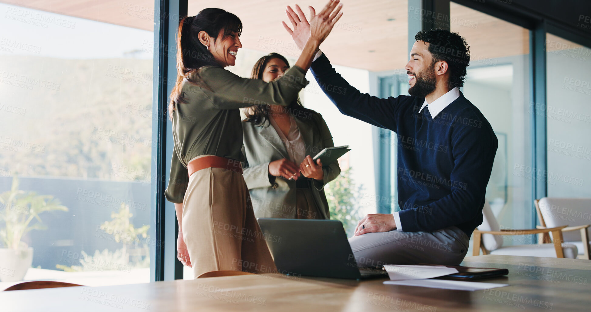 Buy stock photo High five, business people or lawyers celebrate in office for winning idea, legal case or teamwork. Client advocacy, strong defense or group with lawsuit settlement paper, pc or class action success