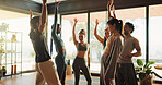 Group, people and cheering for yoga in class with support, motivation and fitness celebration. Smile, men and women huddle for teamwork, wellness collaboration and agreement for self care achievement