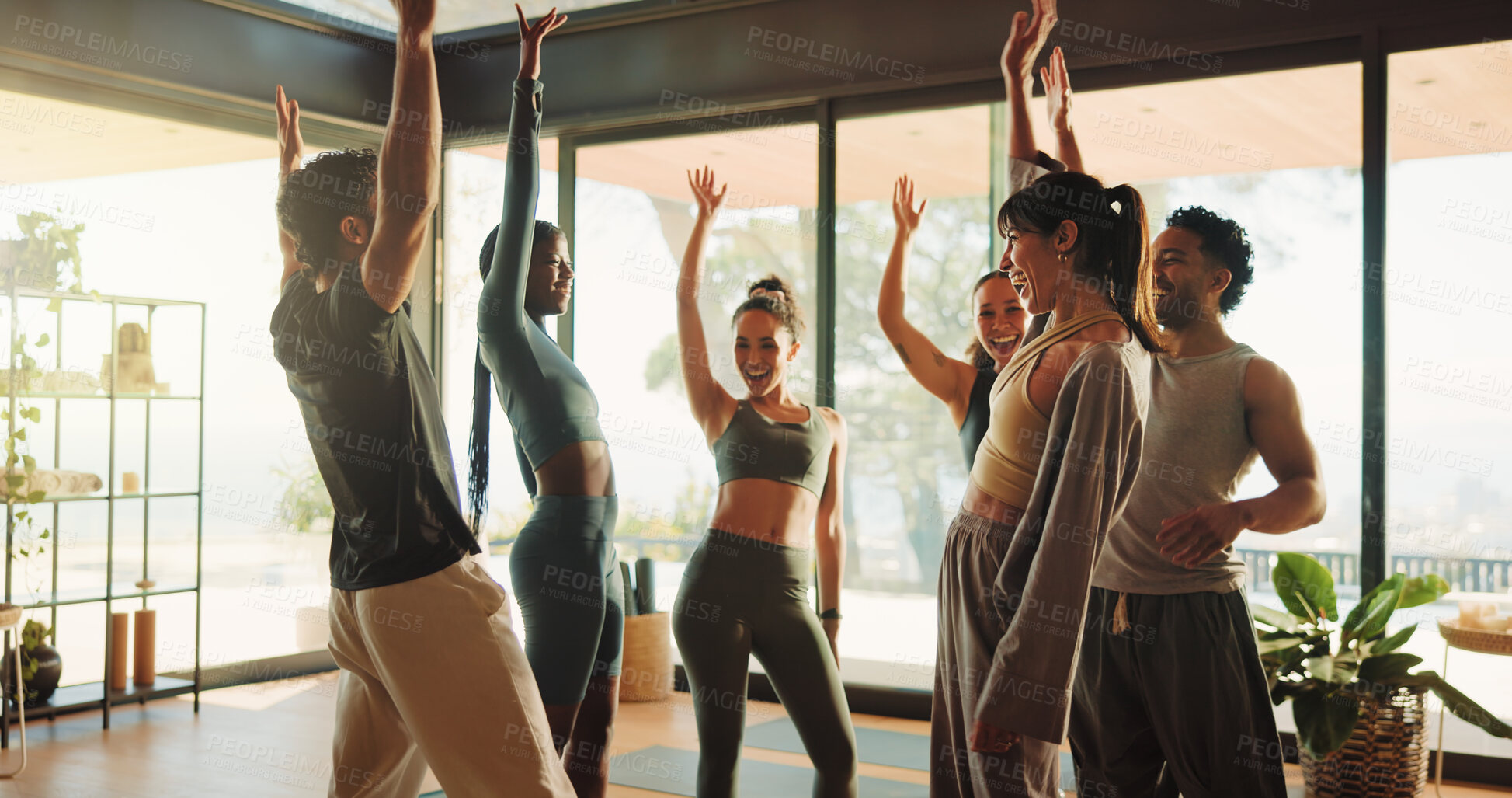 Buy stock photo Group, people and cheering for yoga in class with support, motivation and fitness celebration. Smile, men and women huddle for teamwork, wellness collaboration and agreement for self care achievement