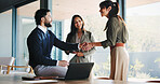 Office, business people and handshake with team for welcome, greeting or introduction. Collaboration, shaking hands and happy workers in meeting for negotiation, b2b deal or thank you for partnership