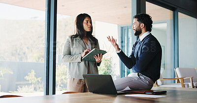 Buy stock photo Meeting, laptop and discussion with business people in office for realtor listing, teamwork and research. Property developer, project manager and collaboration with employees for online review