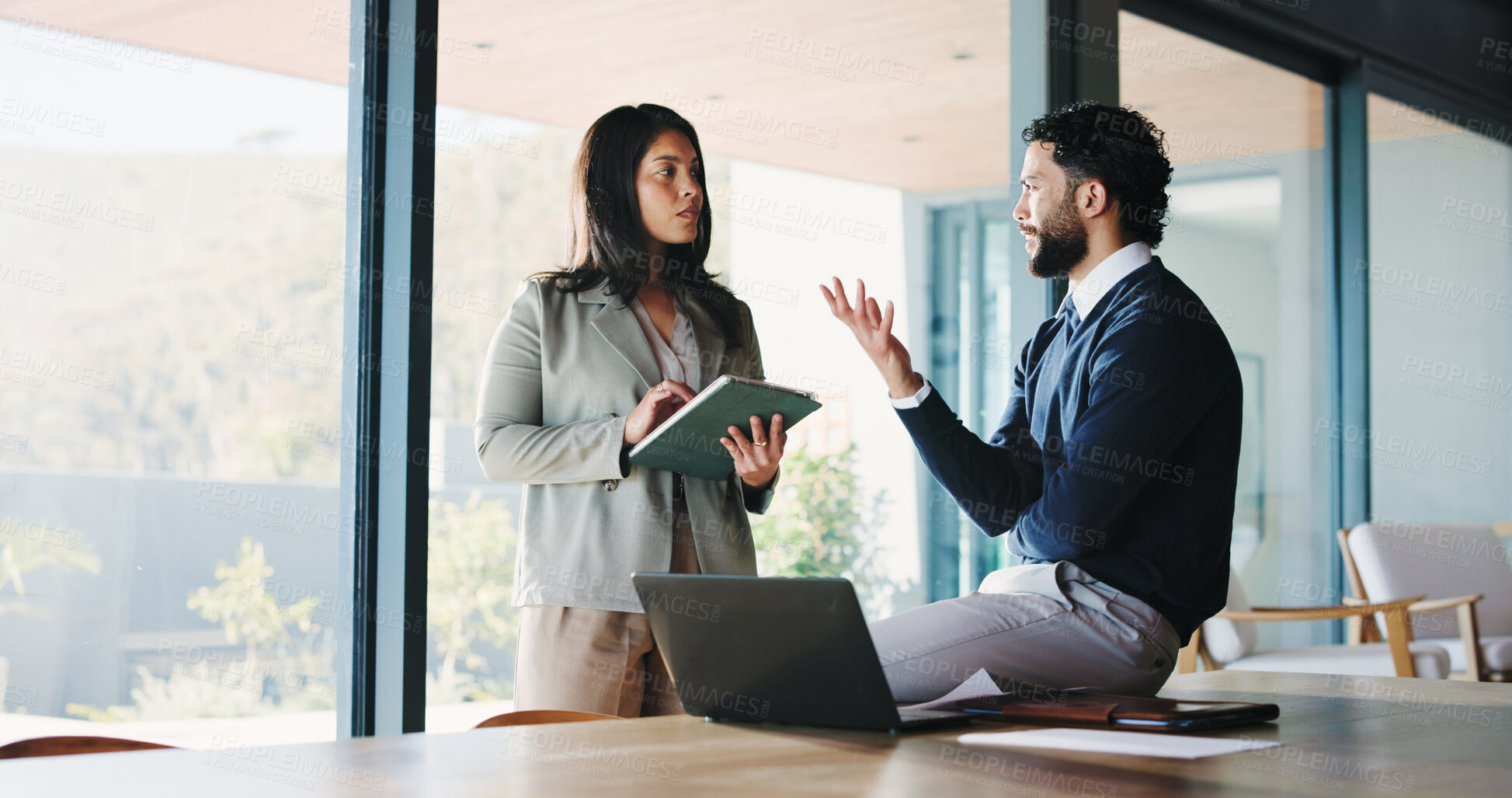 Buy stock photo Meeting, laptop and discussion with business people in office for realtor listing, teamwork and research. Property developer, project manager and collaboration with employees for online review