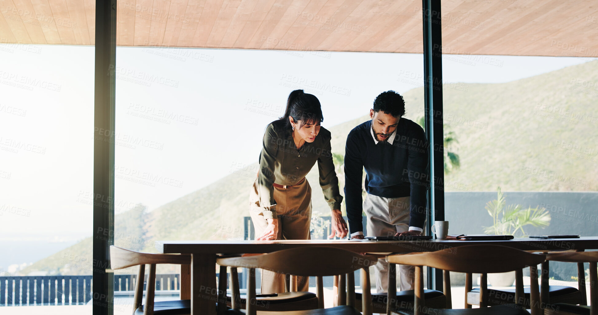 Buy stock photo Meeting, reading and teamwork with business people in office for realtor listing, discussion and research. Property developer, project manager and collaboration with employees for paperwork planning