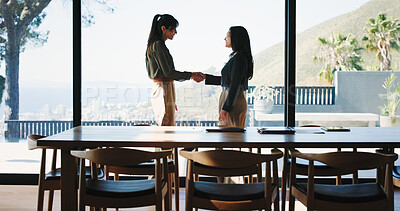 Buy stock photo Office, business women and shaking hands for welcome, greeting or introduction. People, handshake or happy workers in meeting for negotiation, b2b deal or thank you for partnership with collaboration