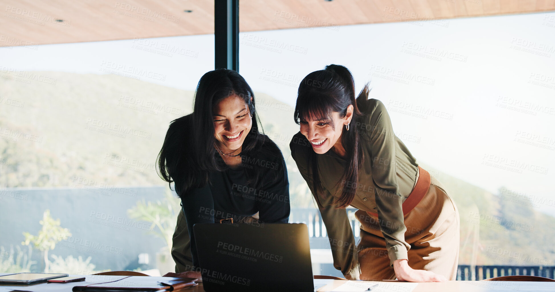 Buy stock photo Planning, laptop and teamwork with business people in office for realtor listing, discussion and research. Property developer, project manager and collaboration with employees for online review