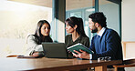 Laptop, meeting and tablet with business people in office for plan development. App, computer and project management with corporate employee team in workplace boardroom for discussion or research