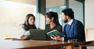 Buy stock photo Laptop, meeting and tablet with business people in office for plan development. App, computer and project management with corporate employee team in workplace boardroom for discussion or research