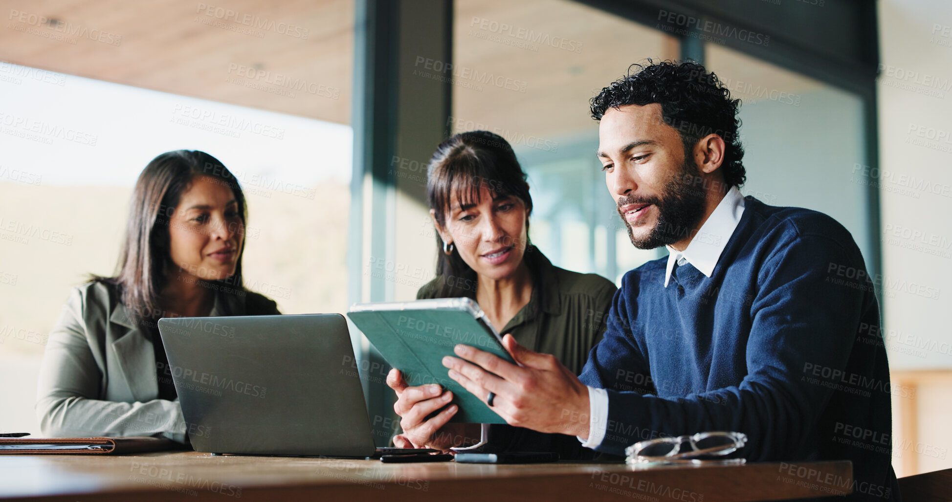 Buy stock photo Collaboration, project management and tablet with business people in office for plan development. App, laptop and meeting with corporate employee team in boardroom together for discussion at work
