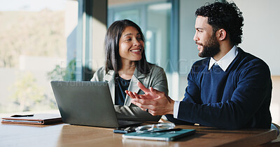 Buy stock photo Meeting, laptop and talking with business people in office for realtor listing, discussion and research. Property developer, project manager and collaboration with employees for online review