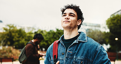 Buy stock photo Outdoor, student and man on campus, thinking and education for skill development, learn or knowledge. Future, reflection and person with scholarship for opportunity, vision and studies at university