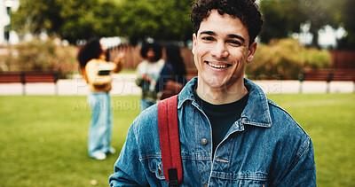 Buy stock photo Portrait, student or man on campus with smile for college scholarship, education or skill development. Proud, person outdoor or happy at university for learning goals, knowledge or study opportunity.
