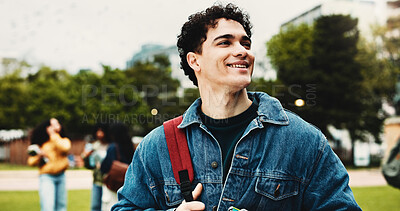 Buy stock photo Happy, student and man at university, thinking and education for skill development, learn or outdoor. Future, reflection and person with scholarship for opportunity, vision and smile on campus