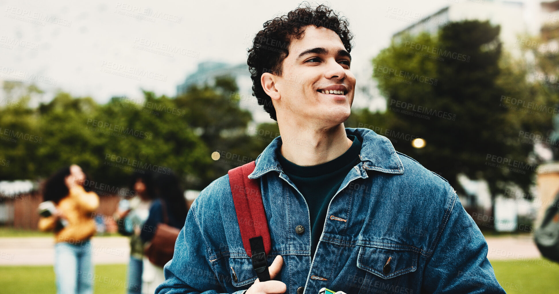 Buy stock photo Happy, student and man at university, thinking and education for skill development, learn or outdoor. Future, reflection and person with scholarship for opportunity, vision and smile on campus