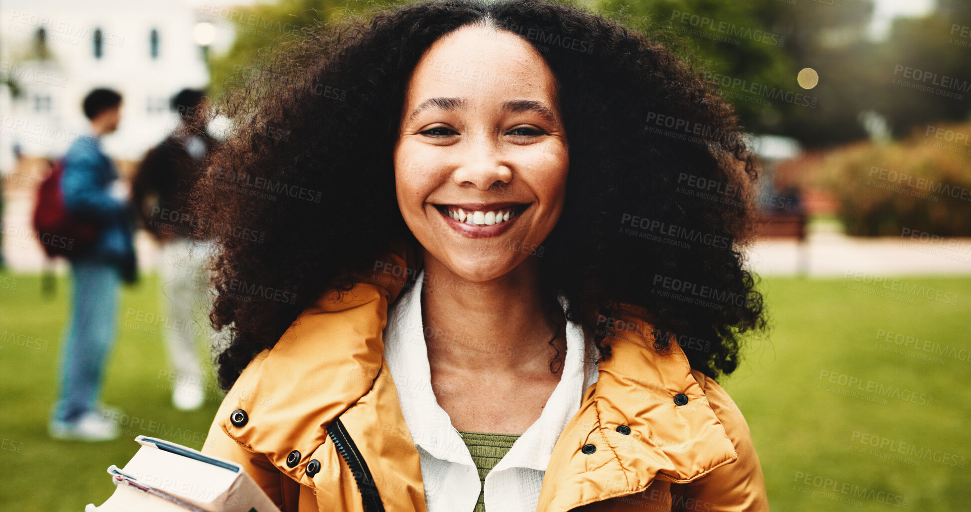 Buy stock photo Portrait, woman and student with smile on campus for education, scholarship and learning. Happy, female person and books outdoor for study opportunity, course curriculum and knowledge at university