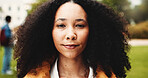 College, serious and portrait of woman on campus for scholarship, education and studying. University, academy and face of confident student outdoor for learning, knowledge and academic opportunity