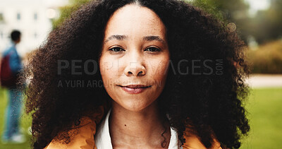 Buy stock photo College, serious and portrait of woman on campus for scholarship, education and studying. University, academy and face of confident student outdoor for learning, knowledge and academic opportunity