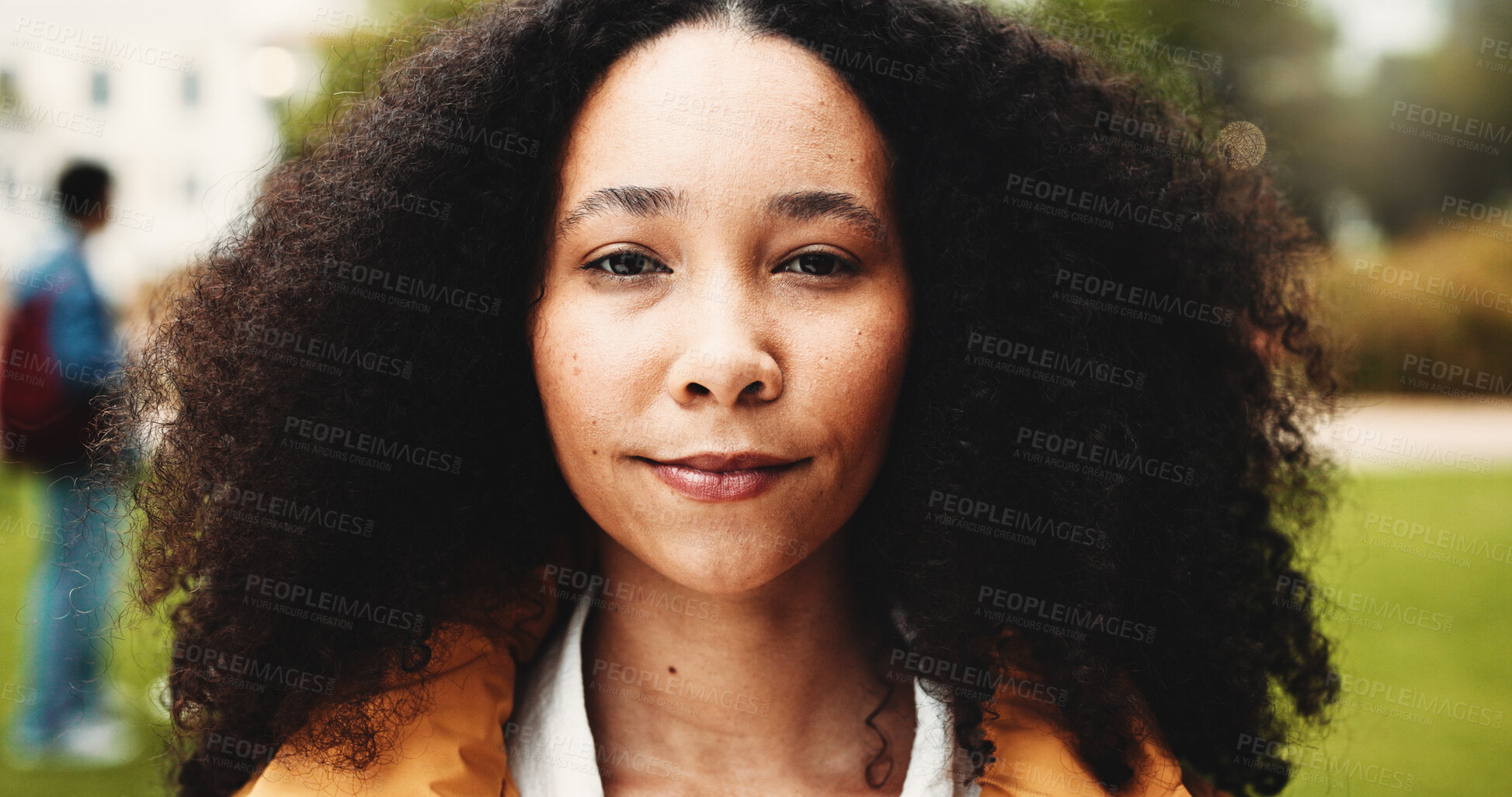 Buy stock photo College, serious and portrait of woman on campus for scholarship, education and studying. University, academy and face of confident student outdoor for learning, knowledge and academic opportunity