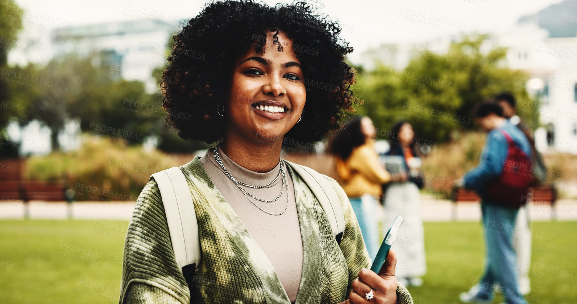 Buy stock photo Portrait, student and happy woman with higher education, outdoor and knowledge with confidence. Campus, college and person with smile, pride and studying with future, scholarship and learning