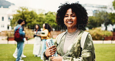 Buy stock photo Happy woman, portrait or student with books in university for knowledge, education or learning. Female person, scholar or academic learner with smile for college scholarship or school tuition in park