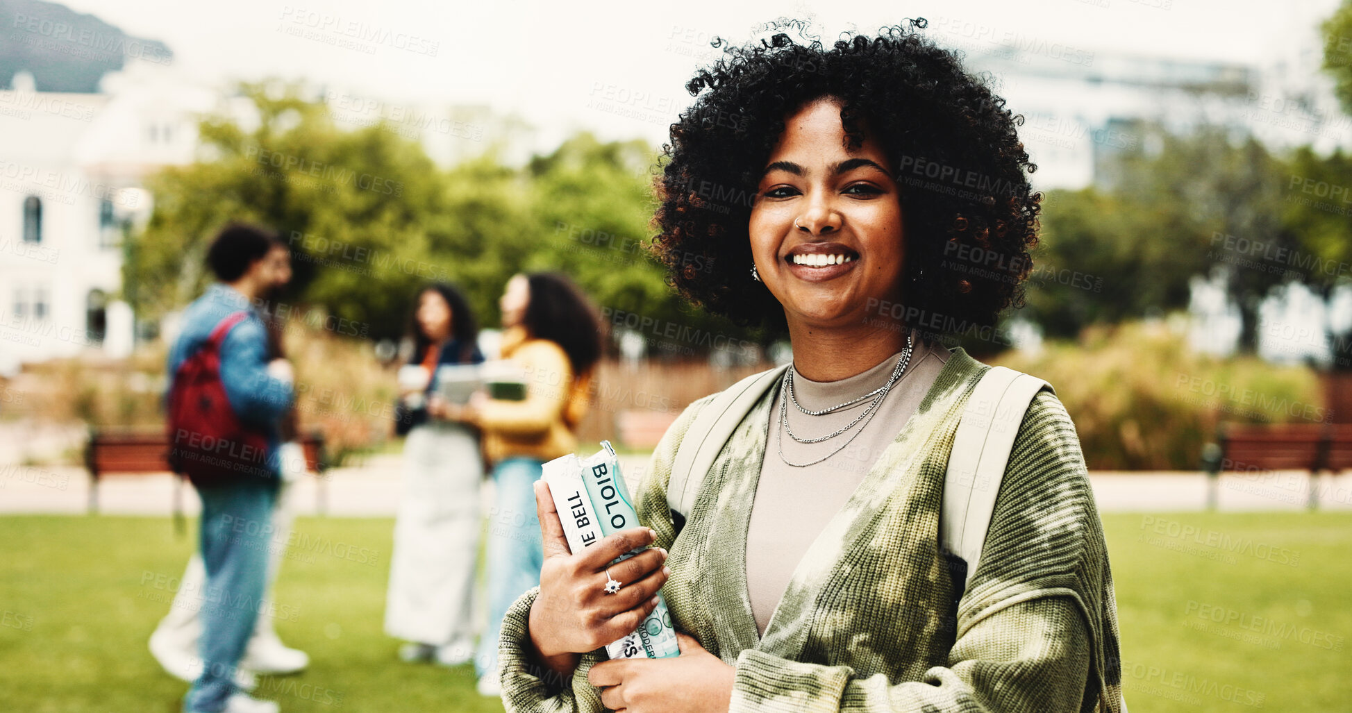 Buy stock photo Happy woman, portrait or student with books in university for knowledge, education or learning. Female person, scholar or academic learner with smile for college scholarship or school tuition in park