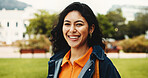 Portrait, student or woman on campus with smile for college scholarship, education or skill development. Proud, happy or person outdoor at university for learning, academic goals or study opportunity