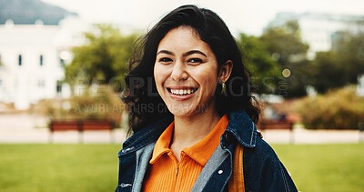 Buy stock photo Portrait, student or woman on campus with smile for college scholarship, education or skill development. Proud, happy or person outdoor at university for learning, academic goals or study opportunity