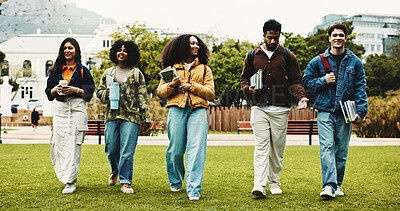 Buy stock photo University, education and happy people with walking for friends, learning and knowledge. College, academy and youth development with gen z students on campus for scholarship, break and bonding