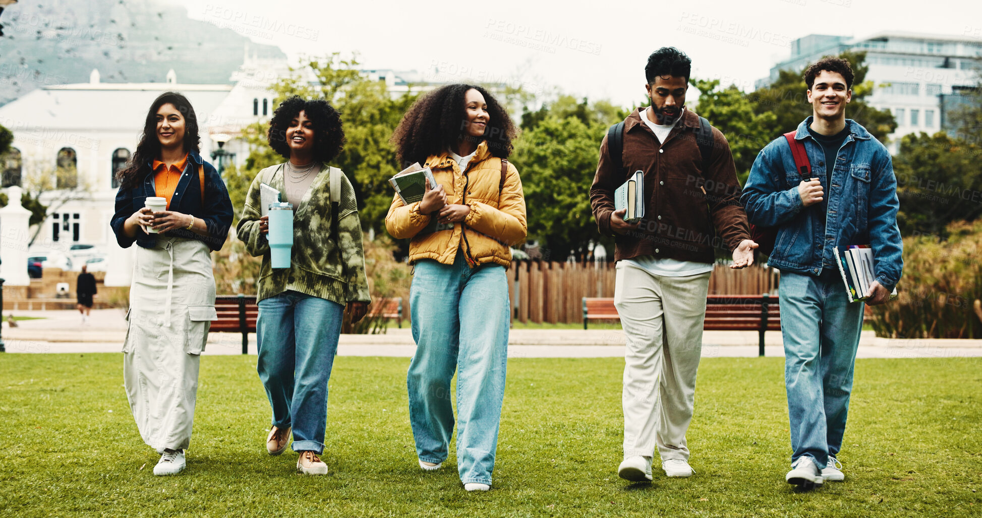 Buy stock photo University, education and happy people with walking for friends, learning and knowledge. College, academy and youth development with gen z students on campus for scholarship, break and bonding