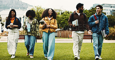 Buy stock photo University, education and people with walking for friends, learning and knowledge. College, academy and youth development with gen z students on campus for scholarship, break and support or bonding