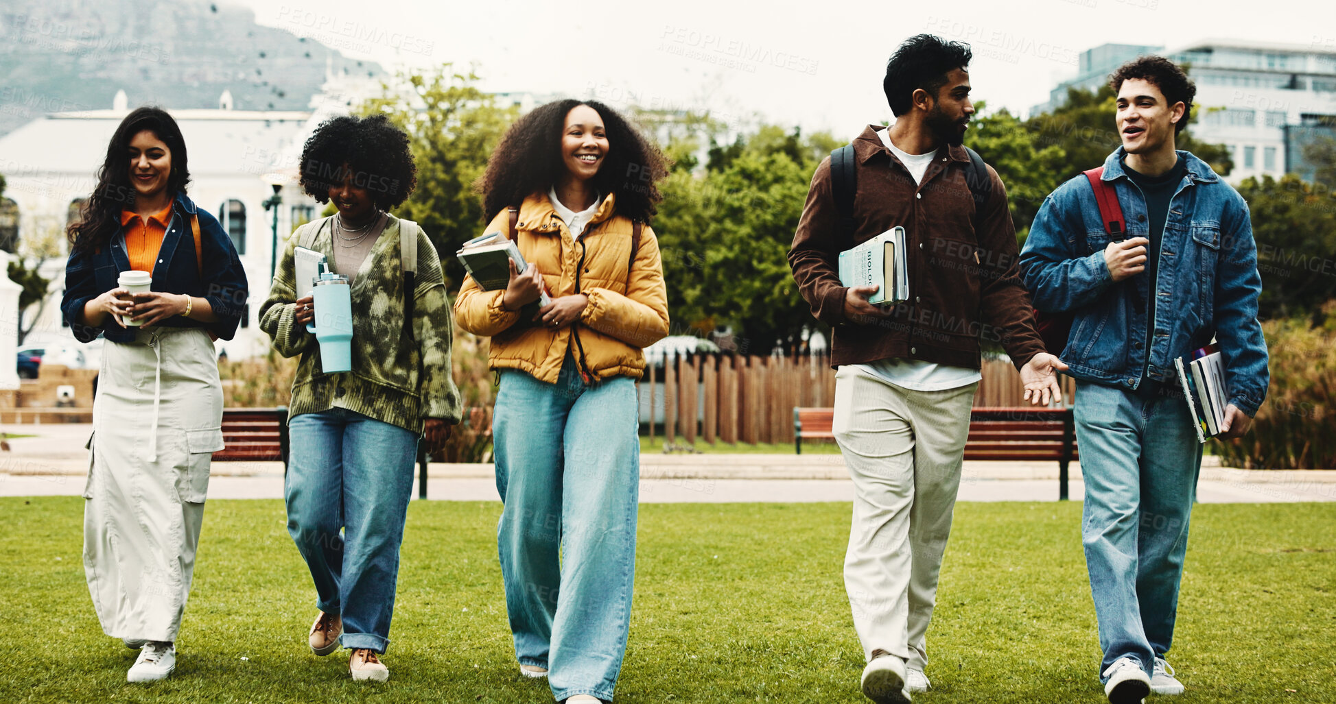 Buy stock photo University, education and people with walking for friends, learning and knowledge. College, academy and youth development with gen z students on campus for scholarship, break and support or bonding