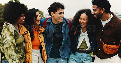 Buy stock photo College, students and laugh on campus, hug and bonding with funny discussion, education and outdoor. University, friends and humor for joke, men or women with scholarship for knowledge and embrace