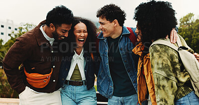 Buy stock photo University, education and people with laugh for friends, learning and knowledge. College, academy and youth development with gen z students on campus for comedy, break and funny joke or bonding