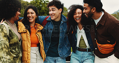 Buy stock photo Hug, happy and friends on university with bonding, connection or studying together on campus. Smile, education and group of students embracing for support, knowledge or scholarship at college.