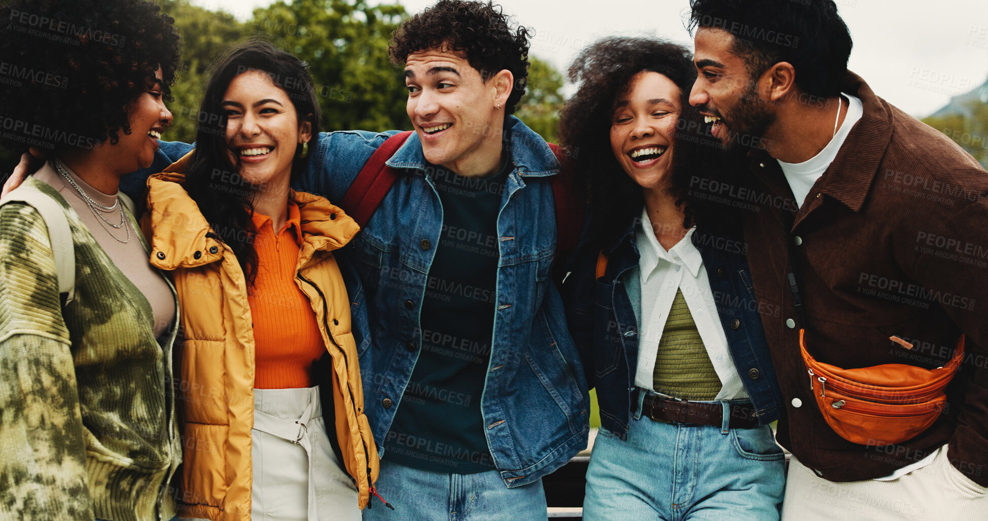 Buy stock photo Hug, happy and friends on university with bonding, connection or studying together on campus. Smile, education and group of students embracing for support, knowledge or scholarship at college.
