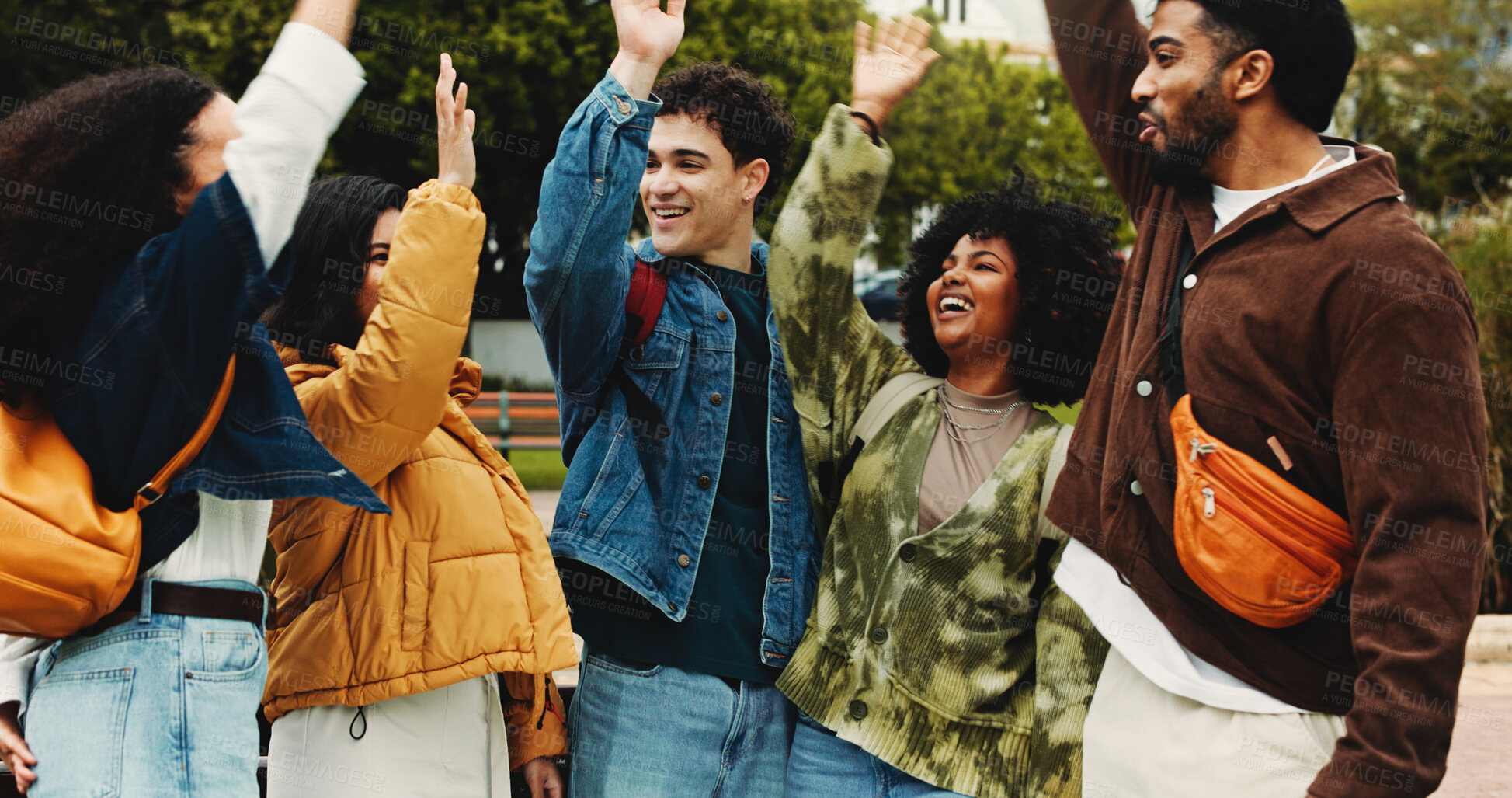 Buy stock photo College student, group and huddle in celebration outdoor for exam support, semester success or victory. Friends, happy people and synergy on university campus for test motivation, teamwork and goals