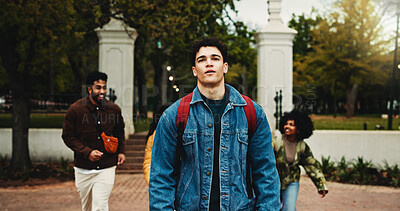 Buy stock photo Outdoor, student and man on campus, walking and thinking of skill development, education or college. Future, reflection and person with scholarship for opportunity, learning and studies at university