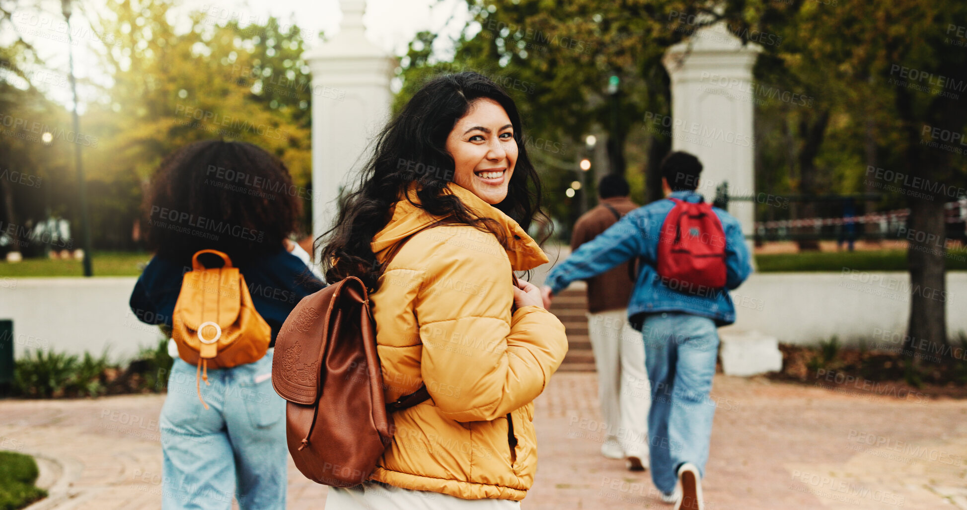 Buy stock photo Portrait, college and happy woman walk to campus for learning, education or development. Smile, university and person outdoor with friends for knowledge, future scholarship and travel with student