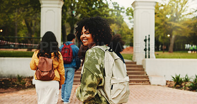 Buy stock photo College student, girl and walking to campus with smile for learning, start semester or scholarship. Education, happy person or portrait with backpack for study opportunity, knowledge or ready for PHD