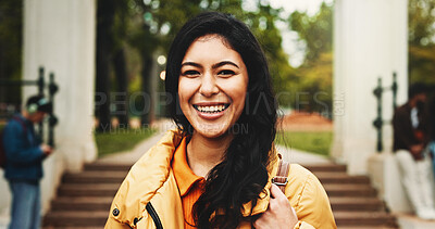 Buy stock photo Portrait, college student or woman on campus with bag for scholarship, education or skill development. Happy, person outdoor or pride at university for study opportunity, knowledge or learning goals.