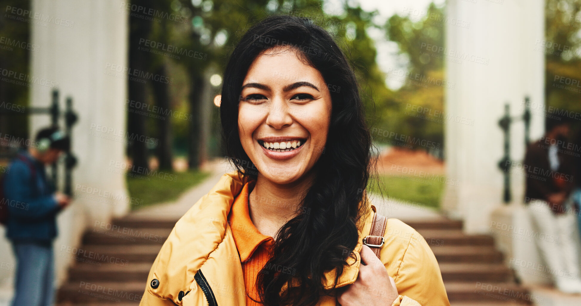 Buy stock photo Portrait, college student or woman on campus with bag for scholarship, education or skill development. Happy, person outdoor or pride at university for study opportunity, knowledge or learning goals.