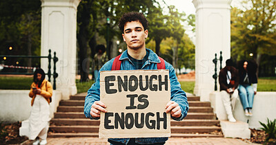 Buy stock photo Portrait, protest and man with poster, global warming and university with sustainability. Outdoor, person or activist with cardboard, climate change or save earth with demonstration, crisis or sign