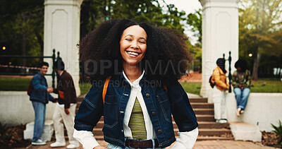 Buy stock photo Happy, woman and student with portrait at college for education, scholarship and learning. Smile, female person or backpack outdoor of study opportunity, course curriculum and knowledge at university