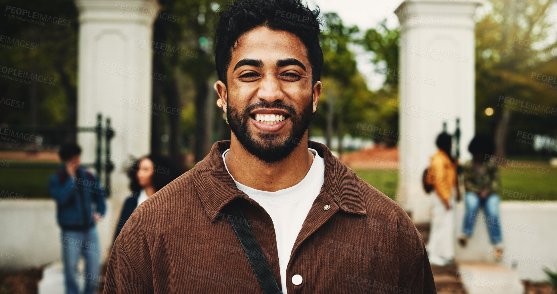 Buy stock photo Portrait, happy man and student on campus with college scholarship, education and skill development. Proud, person outdoor and smile at university for knowledge, academic goals and study opportunity.