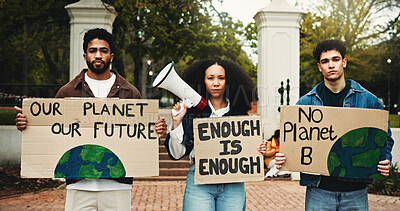 Buy stock photo Portrait, protest and people with poster, climate change and university with sustainability. Serious, group or activist with cardboard, global warming awareness or save earth with ecology and support