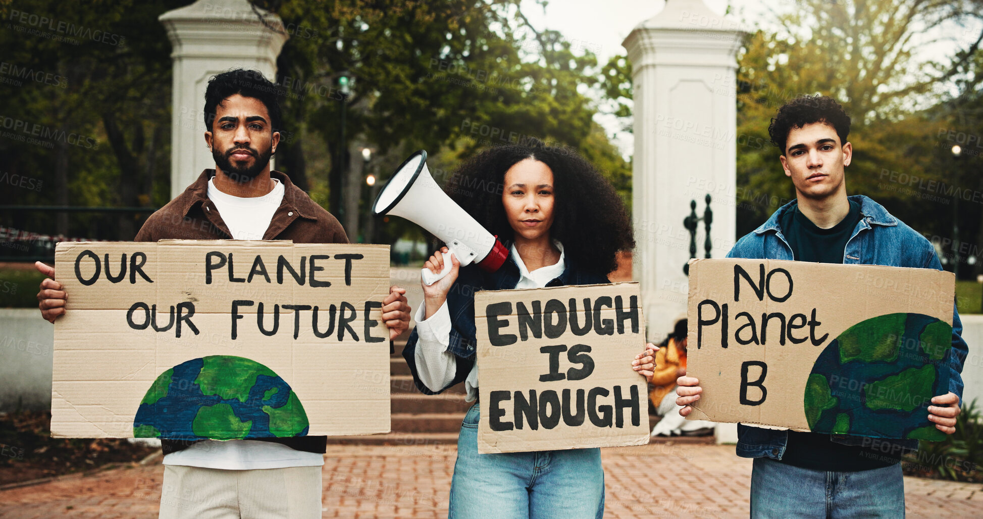 Buy stock photo Portrait, protest and people with poster, climate change and university with sustainability. Serious, group or activist with cardboard, global warming awareness or save earth with ecology and support