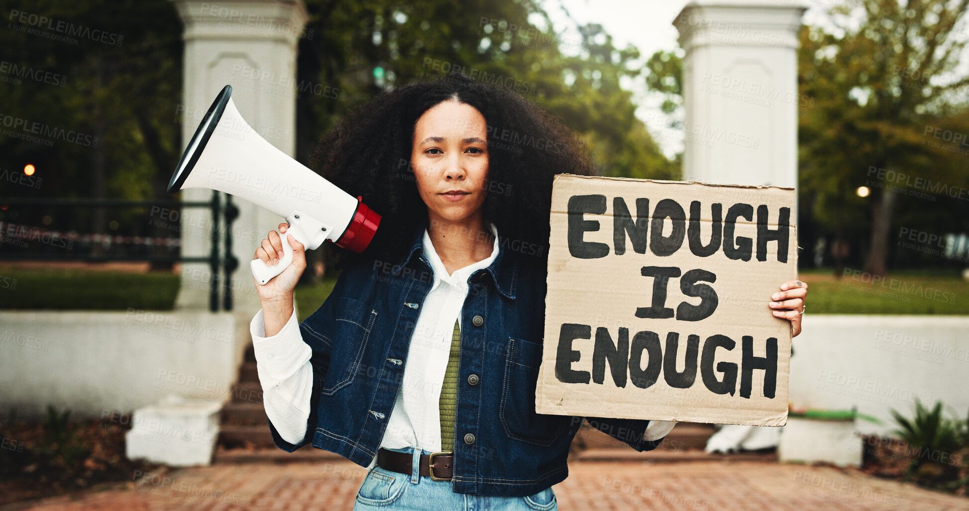 Buy stock photo Portrait, student and megaphone with billboard for protest for change, free education and justice. Woman, bullhorn or rally with sign for learning, equality and human rights of college discrimination