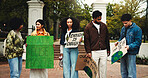 Protest, college student or people with sign on campus, recycling advocate or demand eco reform. Climate crisis awareness, sustainable policy or group with global warming poster, change or activist