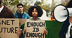Portrait, students and megaphone with sign for protest, climate change and pollution impact. People, bullhorn and college rally with poster for attention, recycling awareness and global warming risk